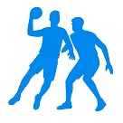 Silhouette de deux joueurs de basket-ball en action, l'un tenant un ballon, prêt à passer ou à tirer, et l'autre en position défensive. Dynamique et énergique.