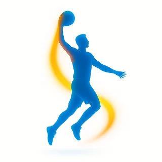 Silhouette d'un basketteur en plein saut, prêt à smasher, avec une traînée bleue et orange vibrante soulignant le mouvement et l'énergie sur fond blanc.