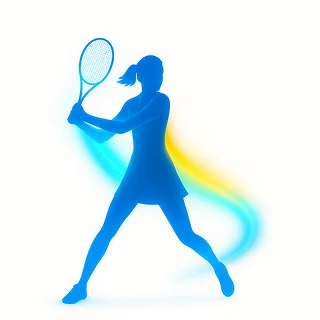 Silhouette d'une joueuse de tennis dans une pose dynamique, tenant une raquette. Des traînées bleues et jaunes traduisent l'énergie et le mouvement sur un fond blanc.