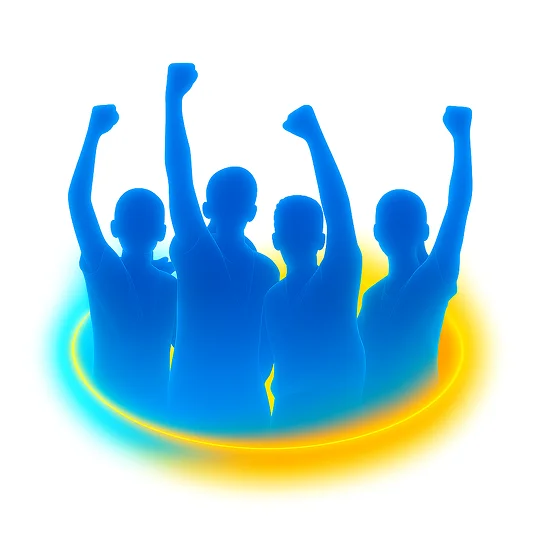 Groupe silhouetté de quatre personnages bleus, les poings levés dans une pose triomphante, entourés d'une lueur bleue et jaune éclatante sur fond blanc.