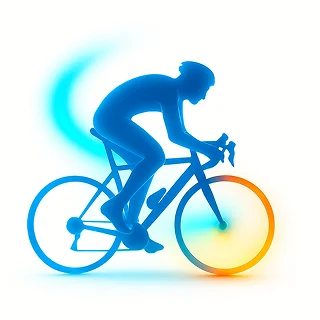 Silhouette d'un cycliste sur un vélo, représentée en bleu avec un effet dynamique et lumineux. La roue arrière émet une lueur bleue et la roue avant une lueur orange chaude, suggérant le mouvement et la vitesse.